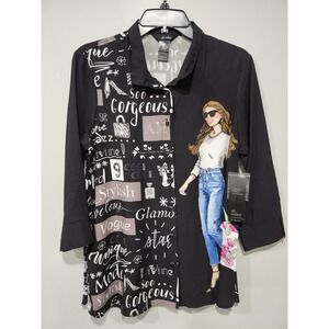 Ali Miles NWT Women's PM Black White Tunic Blouse Button Up Long Sleeve  Artsy